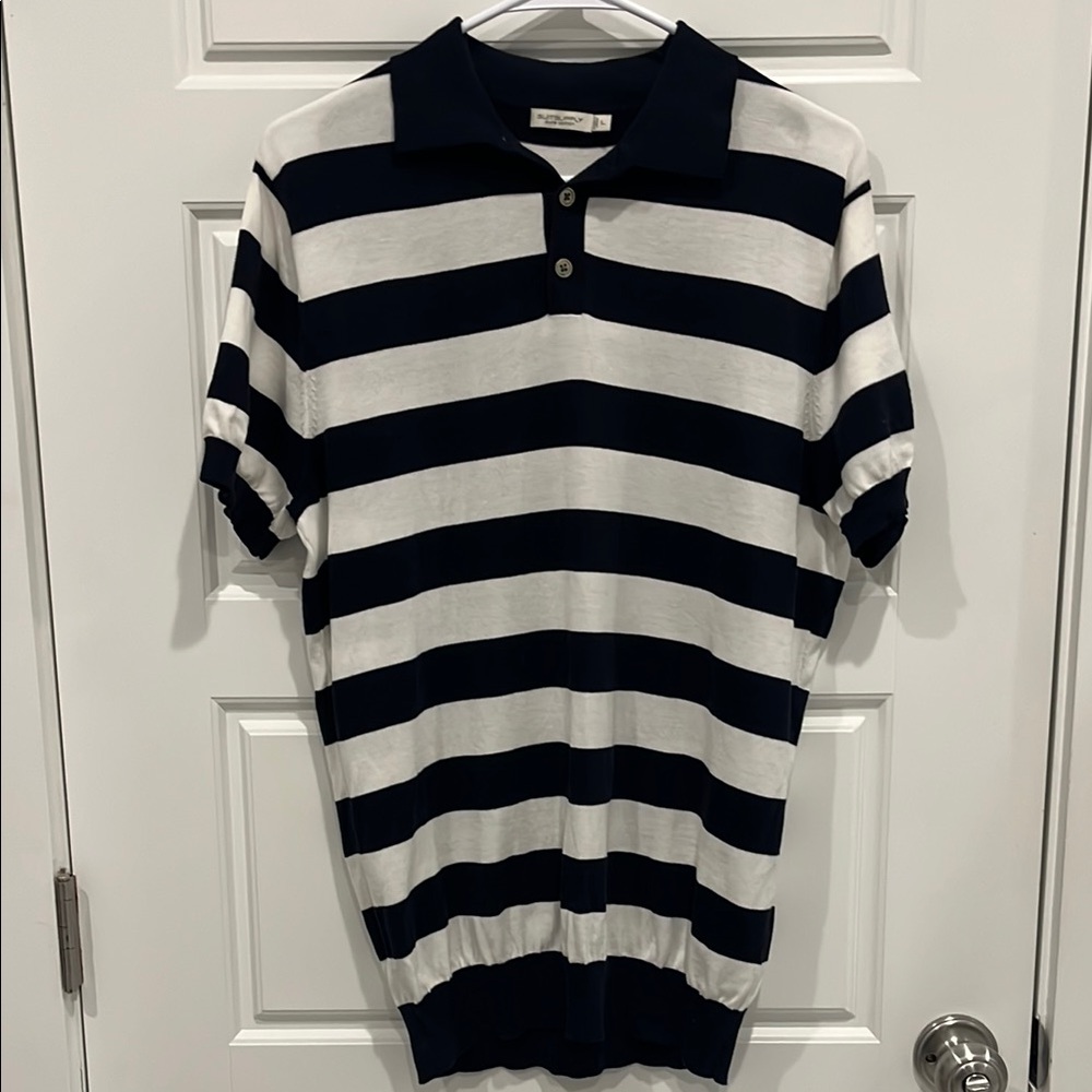 Suitsupply Blue and White Striped Polo Shirt Large